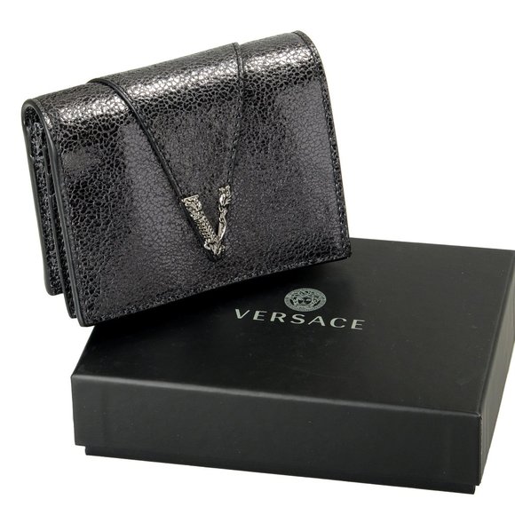 Versace Women's Metal Gray 100% Textured Leather V-Logo Wallet